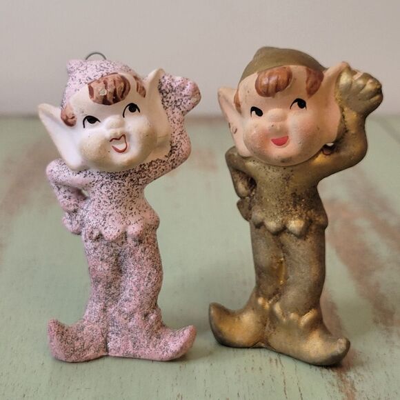 Vintage 1960's Mica Glitter Commodore Christmas Pixie Elf Pair - Picture 2 of 12